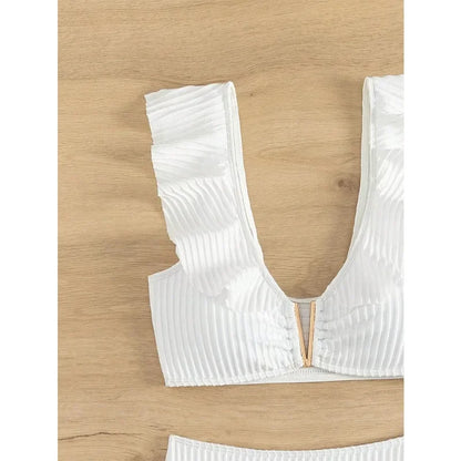 Conjunto de Bikini con Hojas de Loto Sólidas y Divididas para Mujeres – Traje de Baño Sexy con V Profundo para Playa de Primavera Verano