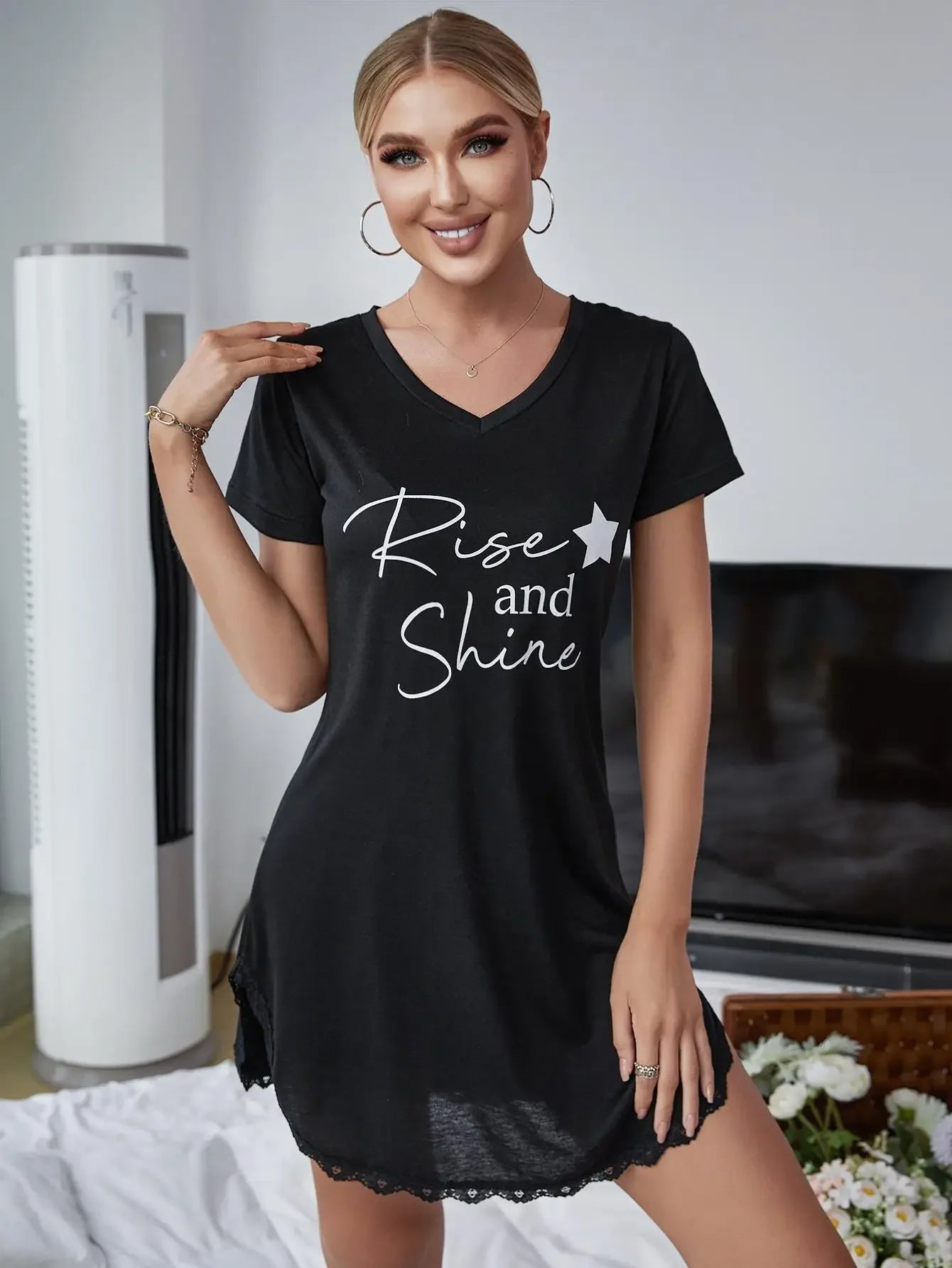 Camisón de encaje con dobladillo para mujer, ropa de dormir Sexy con cuello en V, pijama de manga corta, Camisón con falda dividida lateral para verano