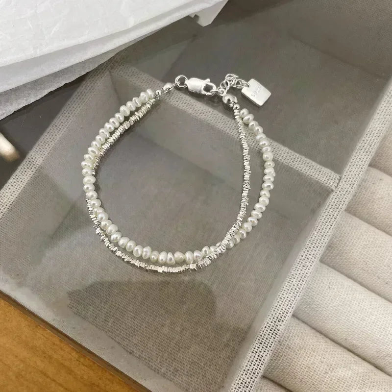 Pulsera de Plata de Ley 925 Doble Capa con Perlas - Diseño Vintage  - Joyería de Lujo y Encanto