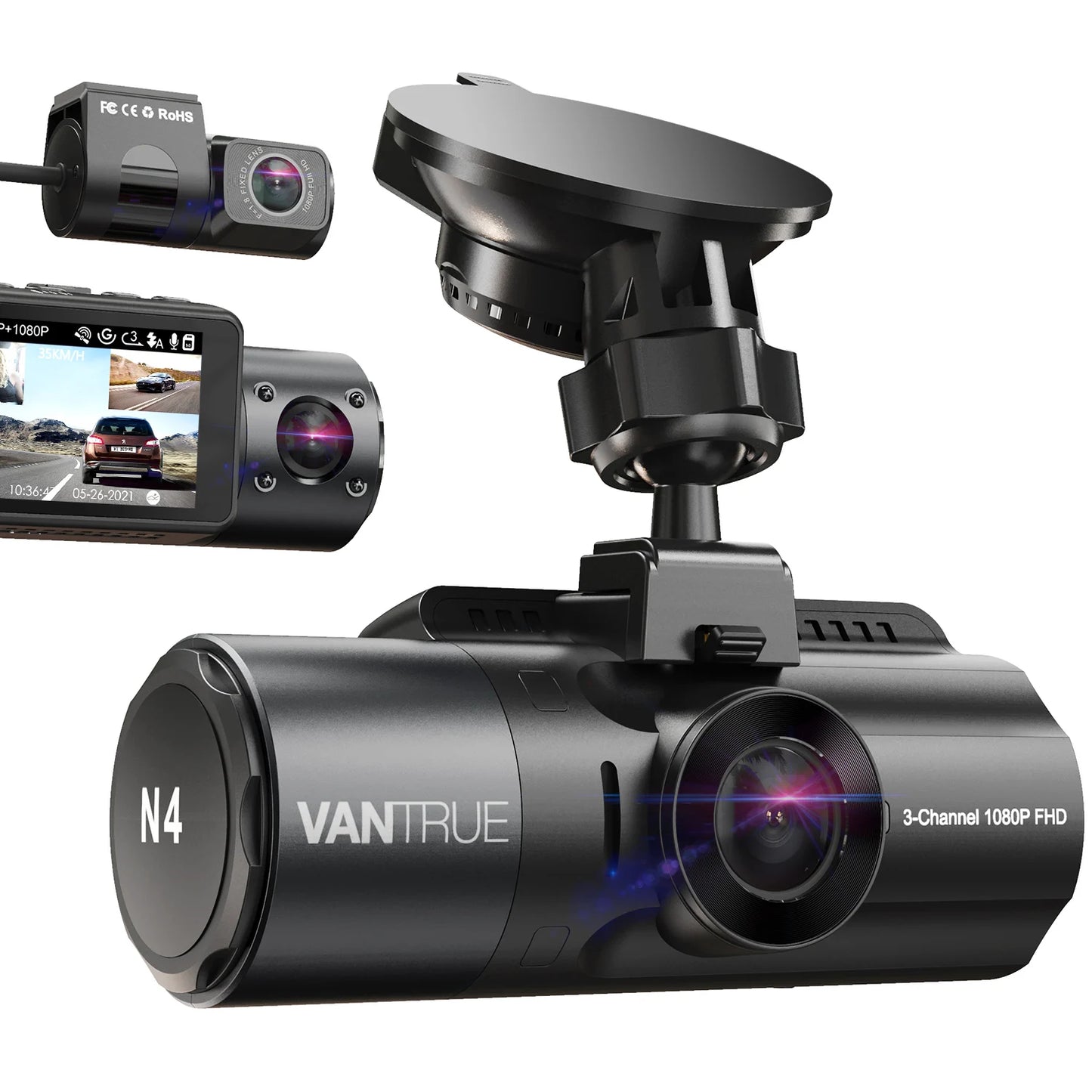 Cámara Vantrue N4 para Autos con Triple Cámara 4K - Visión Nocturna IR, Modo Estacionamiento 24h, Soporte hasta 256GB