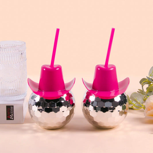 Vasos de Esfera Disco con Sombrero Vaquero - Taza de Fiesta con Pajillas para Despedida de Soltera, Fiestas