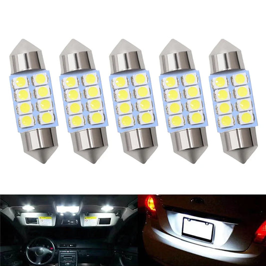 5 Pcs Luces LED T10 3528 1210 Blancas 8SMD para Coche, Bombillas Domos de 31mm 39mm 41mm, Iluminación Interior y Trunk DC 12V