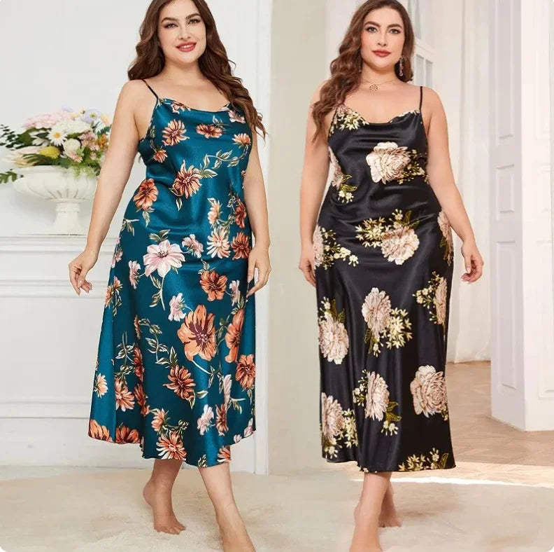 Camisón de satén de talla grande para mujer, ropa de dormir Sexy con tirantes, lencería holgada, sedosa, para estar en casa, XL-5XL