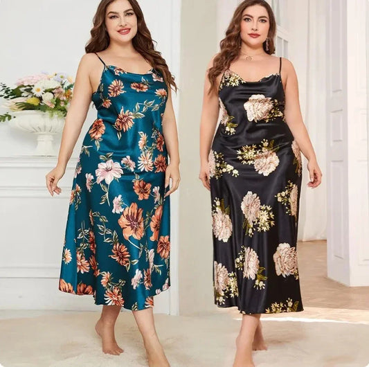 Camisón de satén de talla grande para mujer, ropa de dormir Sexy con tirantes, lencería holgada, sedosa, para estar en casa, XL-5XL