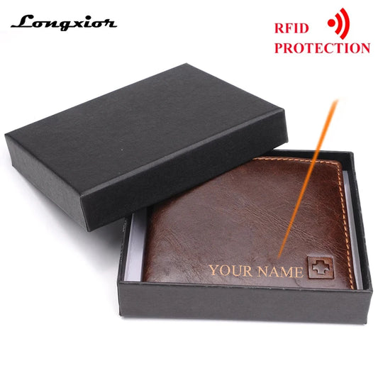 Cartera de Cuero Genuino para Hombre - Billetera Bifold con Protección RFID, Bolsillo para Monedas y Caja de Regalo - Negro/Marrón