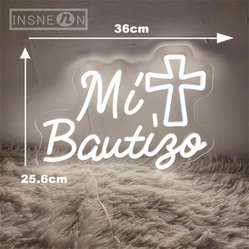 Mi Bautizo Letrero de Neón LED con Montaje Fácil, Alimentado por USB, Decoración para Pared, Fiestas y Hogar
