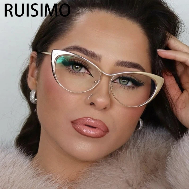Montura de Gafas de Metal Anti-Luz Azul, Espejo Plano de Ojo de Gato con Personalidad, Bloqueo Azul Femenino, Tendencia, 2023