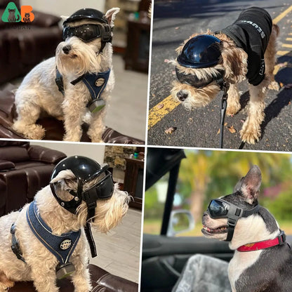 ATUBAN casco y gafas para perros pequeños, casco de motocicleta para mascotas con orificios para las orejas, correas ajustables para montar cachorros