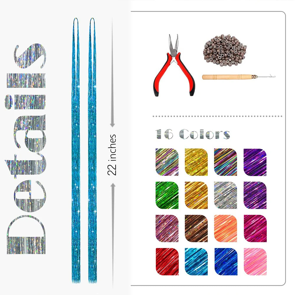 Kit de Tinsel Brillante para el Cabello - 16 Colores de Extensiones de Hilo Brillante, Accesorios Hippie para Mujeres