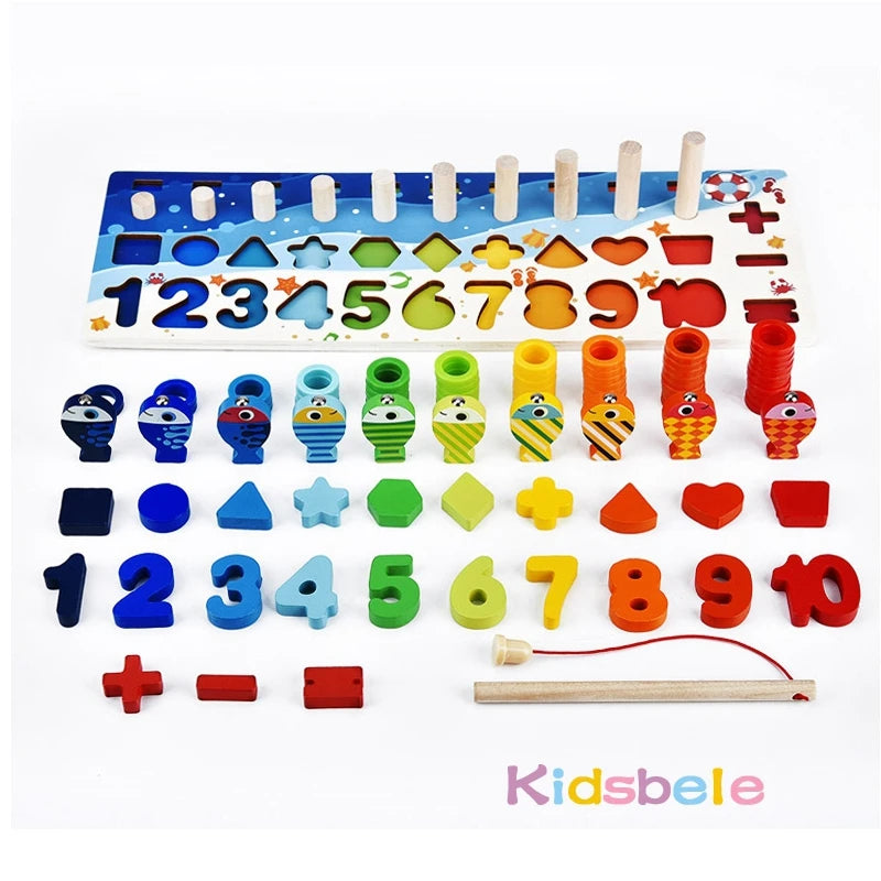 Wooden Number Puzzle Sorting Montessori Toys – Educational Shape Sorter & Counting Fishing Game for Toddlers