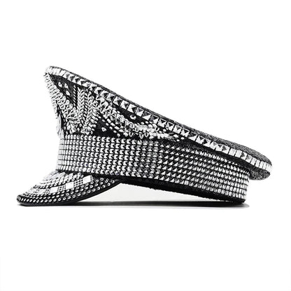 Sombrero Militar de Lujo para Mujer Decorado con Rhinestones | Gorra de Capitán para Bodas, Fiestas de Cumpleaños y Festivales - Estilo Casual