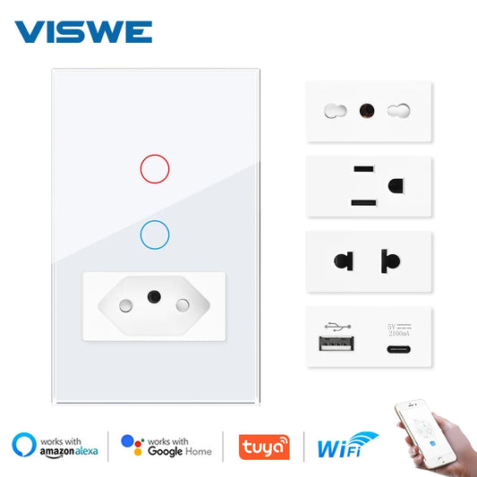Interruptor de Pared Inteligente Wifi VISWE Tuya BR/USA 1/2 Gang, Panel de Vidrio Templado con Control de Voz para Alexa y Google Home