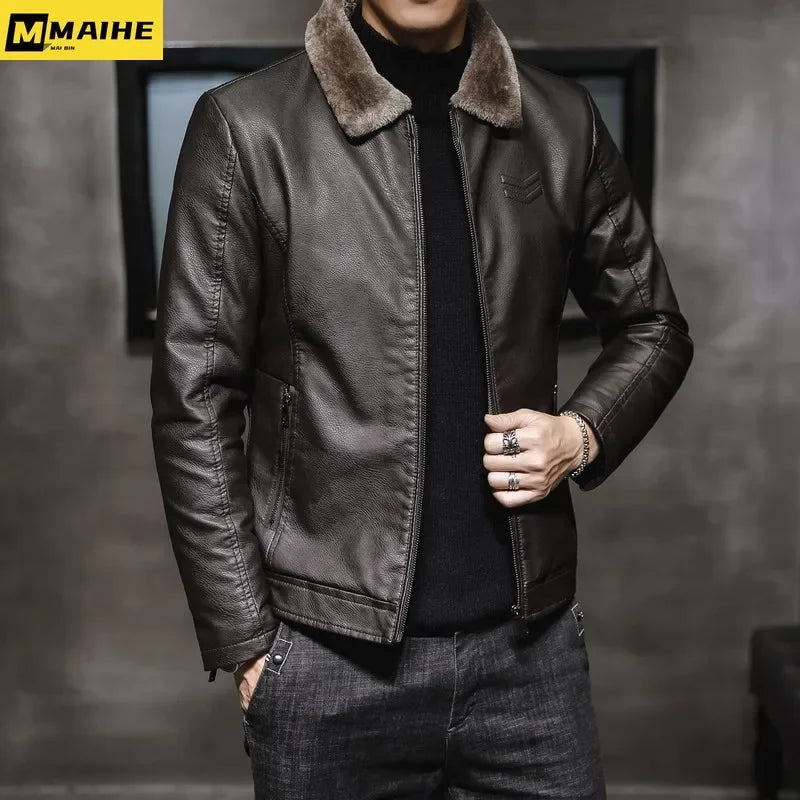 Chaqueta de Cuero de Marca para Hombre - Abrigo de Motocicleta a Prueba de Viento con Cuello de Piel Engrosada