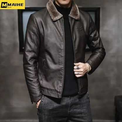 Chaqueta de Cuero de Marca para Hombre - Abrigo de Motocicleta a Prueba de Viento con Cuello de Piel Engrosada