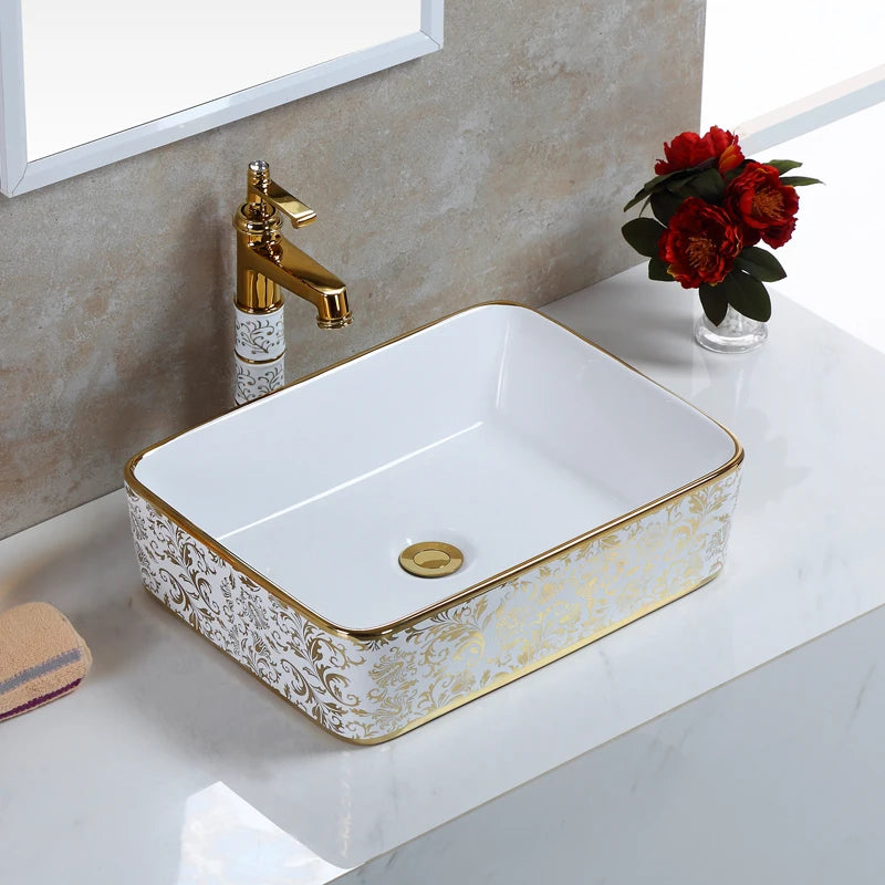 Juego de Lavabos de Cerámica con Diseño de Flores | Lavabo Sobre Encimera en Acabado Dorado para Baño