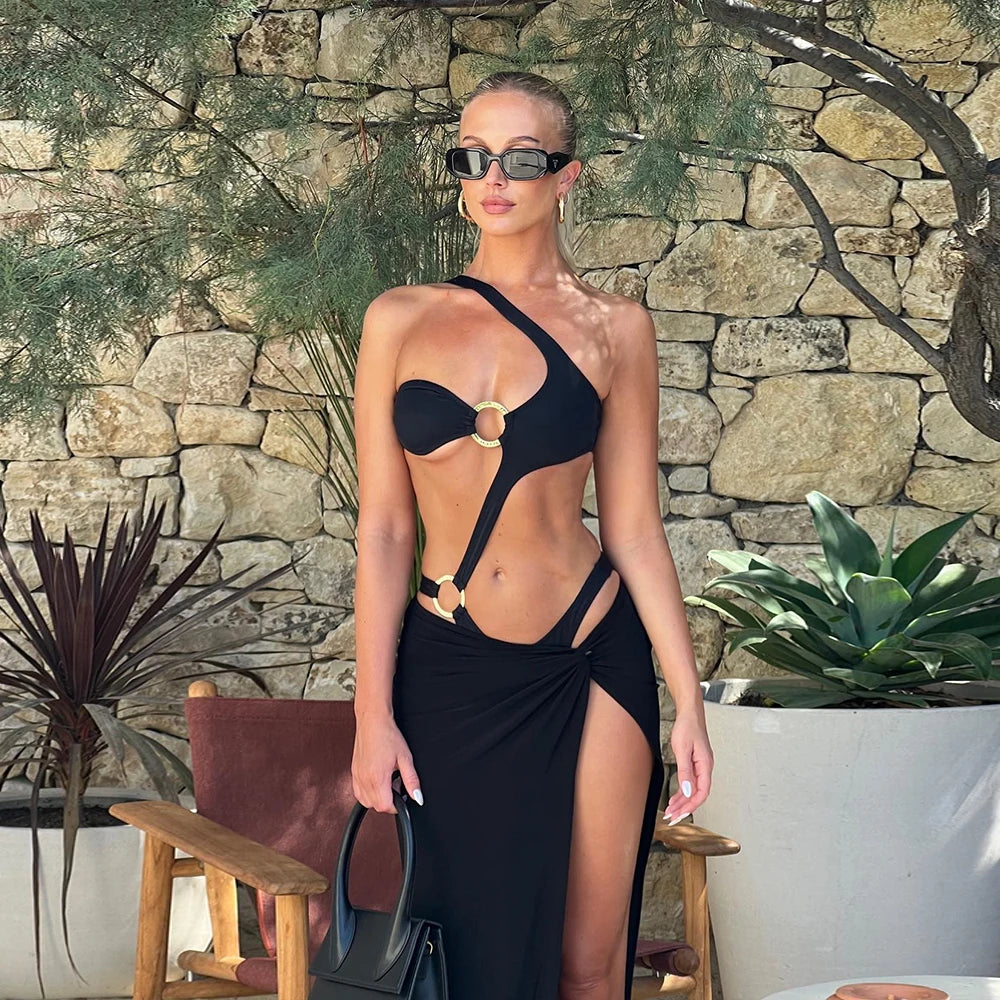 Traje de Baño Push-Up para Mujer de Dos Piezas con Tirante de Un Hombro - Monokini Negro