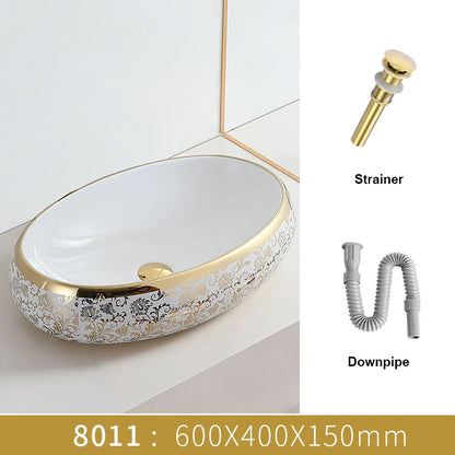 Juego de Lavabos de Cerámica con Diseño de Flores | Lavabo Sobre Encimera en Acabado Dorado para Baño