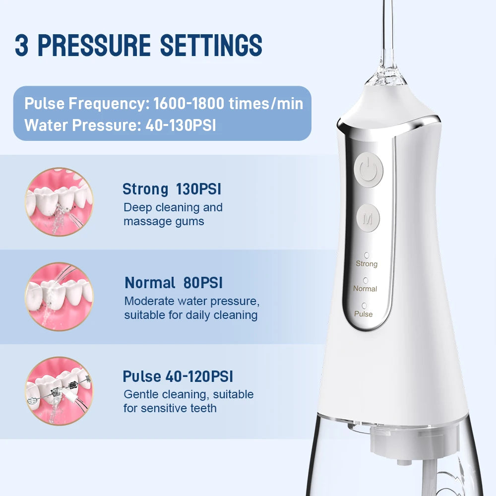 Irrigador Bucal Portátil con USB Recargable y 5 Boquillas - 300ml, 3 Modos de Funcionamiento