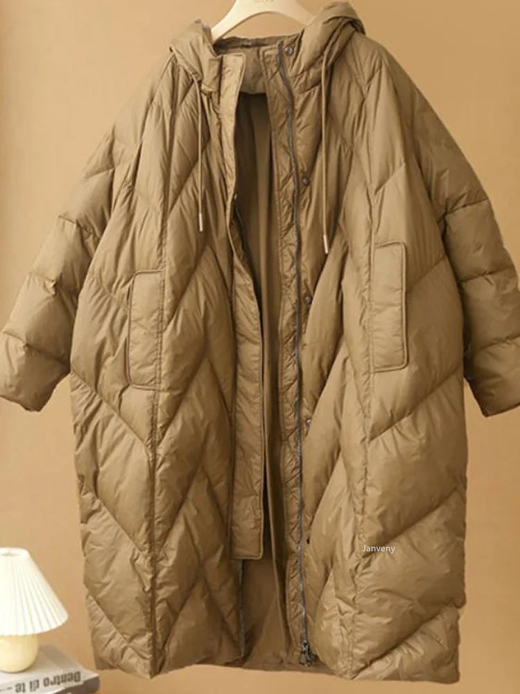 Abrigo largo holgado para mujer, chaqueta de plumón de pato blanco, parka con capucha de plumas, 90%, invierno