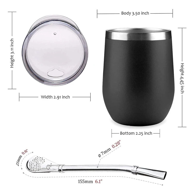 Juego de té Mate de acero inoxidable de doble pared, tazas de café, taza de té Mate con tapa, cuchara, Pajita, cabezal de Bombilla, cepillo de filtro