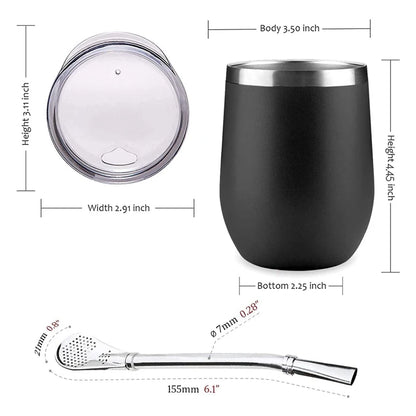 Juego de té Mate de acero inoxidable de doble pared, tazas de café, taza de té Mate con tapa, cuchara, Pajita, cabezal de Bombilla, cepillo de filtro