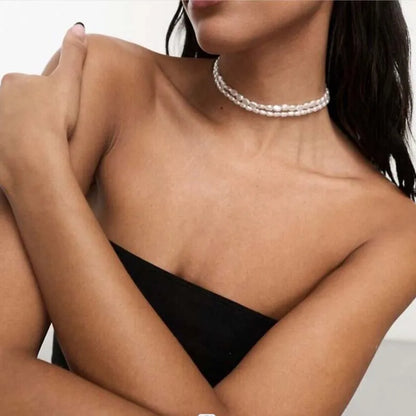 Collar Choker Vintage de Perlas Imitación Blancas para Mujeres - Elegante Cadena Corto Doble Capa de Joyería de Boda