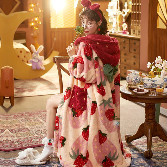 Pijama de franela con capucha para mujer, Chaqueta larga con dibujos animados, para el hogar ropa bonita, albornoz cálido y cómodo de invierno
