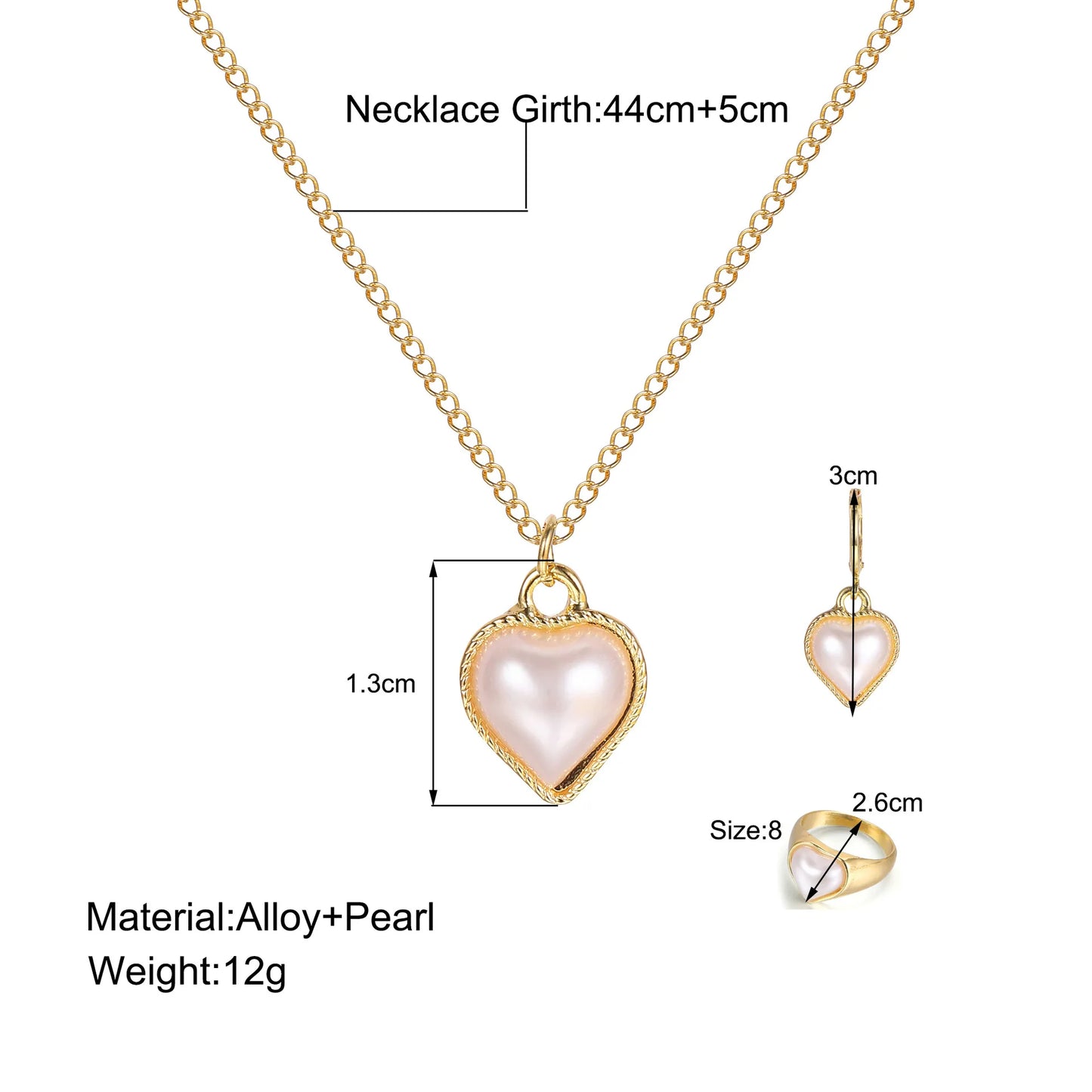Conjunto de 3 piezas de joyería de perlas para mujer: Anillo de Corazón Coreano, Colgante, Collar y Pendientes de Aro