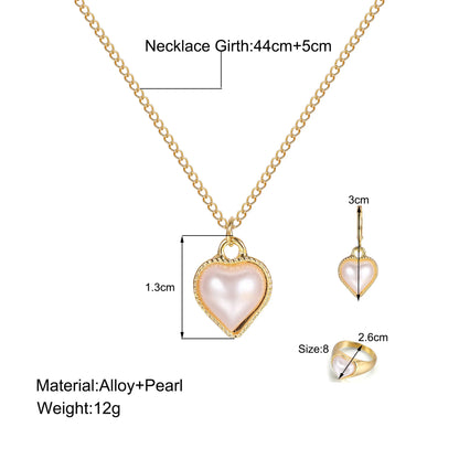 Conjunto de 3 piezas de joyería de perlas para mujer: Anillo de Corazón Coreano, Colgante, Collar y Pendientes de Aro