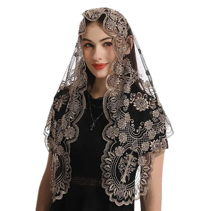 Velo de Iglesia Católica con Bordado de Cruz para Mujer, Cubierta de Cabeza Nupcial, Mantón de Encaje Triangular de Estilo Español