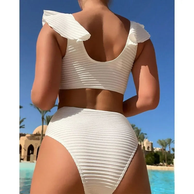 Conjunto de Bikini con Hojas de Loto Sólidas y Divididas para Mujeres – Traje de Baño Sexy con V Profundo para Playa de Primavera Verano