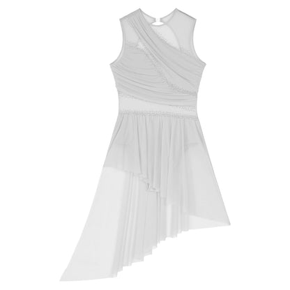 Vestido de Patinaje Artístico para Mujer - Traje de Danza Lírica sin Mangas con Espalda Abierta y Dobladillo Irregular