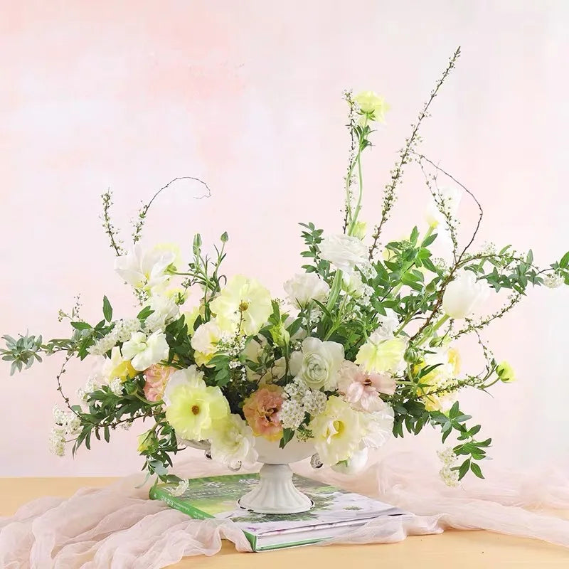 Jarrón Antiguo Blanco de Hierro Nostálgico - Contenedor de Arreglo Floral de Estilo Europeo con Asas, Decoración Vintage para Mesa