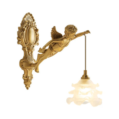Lámpara de Pared de Cristal con Flor Colgante y Ángel de Cobre de Estilo Vintage Francés, Iluminación de Cabecera de Palacio, Pasillo, Entrada, Porche, Balcón