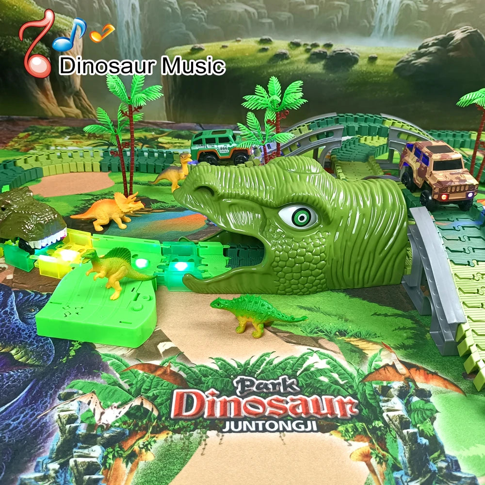Set de Juguete de Dinosaurios con Pistas Flexibles, Coche de Carreras con Luces Flash, Juguete Educativo para Niños, Regalo de Cumpleaños