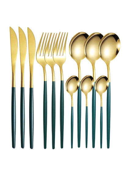 Set de Cubiertos Finos de Acero Inoxidable de 12 Piezas | Cuchillos de Bistec y Tenedores Portugal, Cucharas de Postre y Café