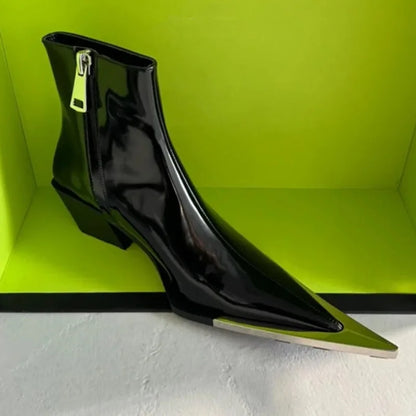 Botas Cortas de Tacón Alto para Mujer - Botines de Vaquero con Punta de Hierro y Cremallera, Estilo Británico, Martin Grueso