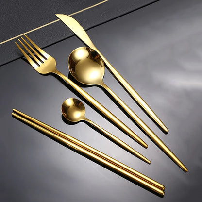 Set de Cubertería de Acero Inoxidable Dorado Portugués | 6 Pzas o 30 Pzas - Cuchillo, Tenedor, Cuchara, Cucharita y Palillos de Alta Calidad