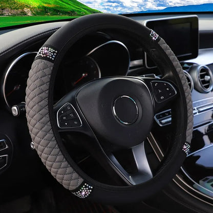 Funda para volante de coche sin anillo interior, cuero tridimensional bordado de Color con diamantes incrustados, transpirable, 37-38cm