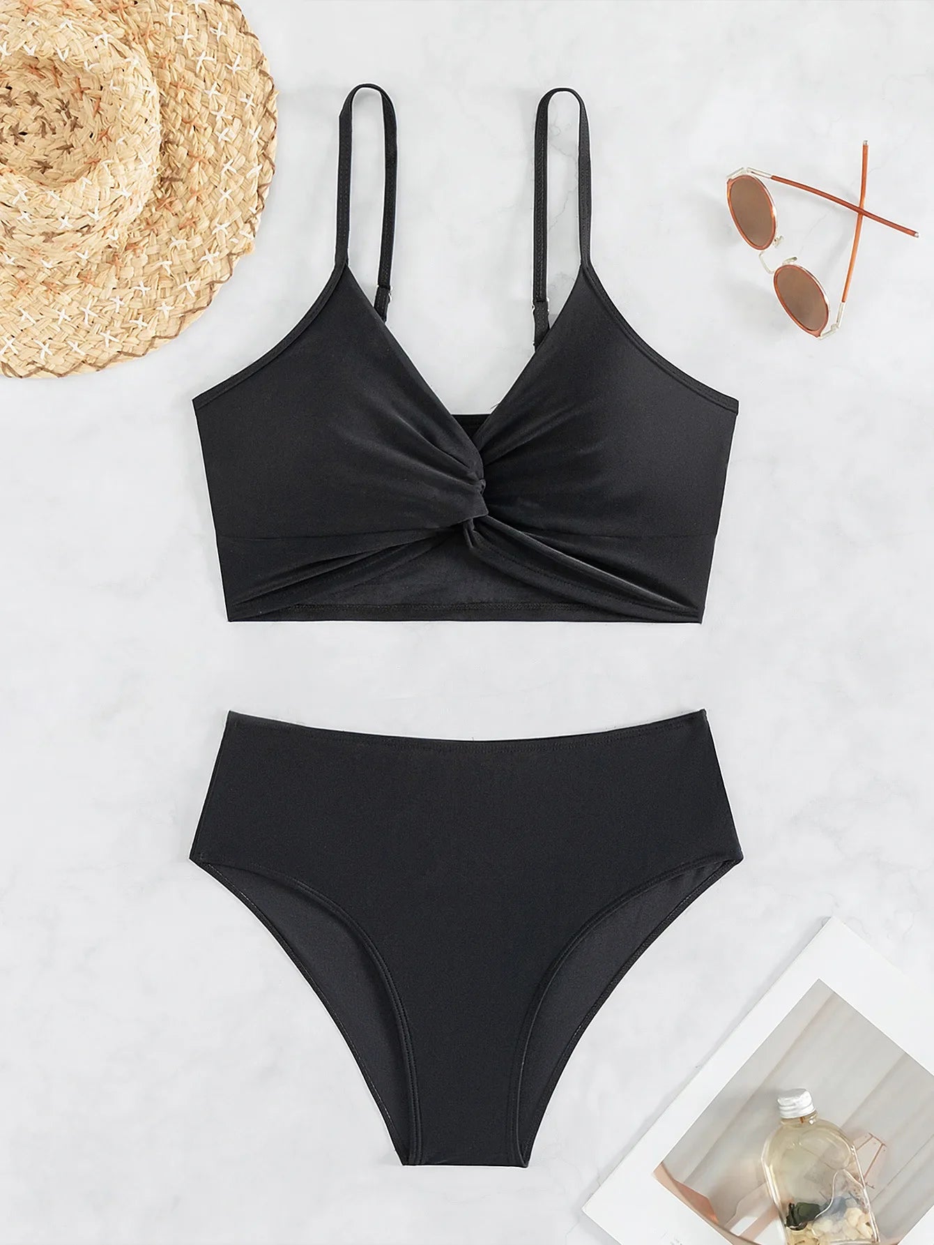 Bikini Alto Sexy para Mujeres | Traje de Baño de Dos Piezas de Verano, Espalda Descubierta, V-cuello en Negro