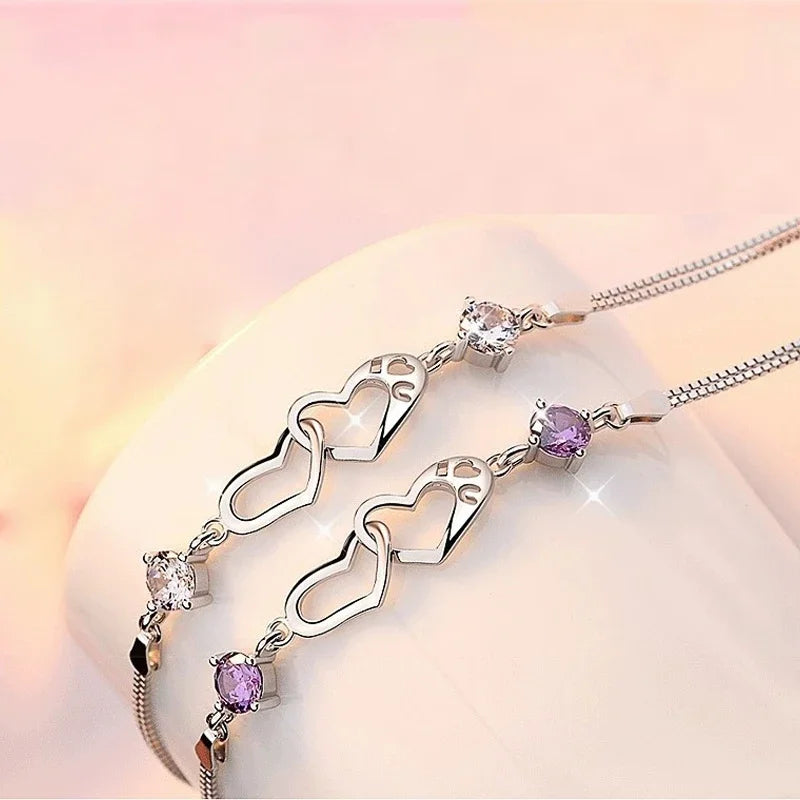 Pulsera de Plata de Ley 925 con Diseño de Corazón para Mujer - Brazalete Romántico de Cristal de Lujo, Ideal para Fiesta, Boda y Regalo de Joyería Original