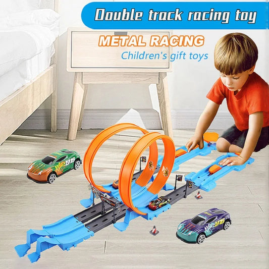 Pista de Carreras de Doble Pista con Rieles para Autos de Alta Velocidad – Set DIY para Niños | Juguete Interactivo de Coches de Inercia