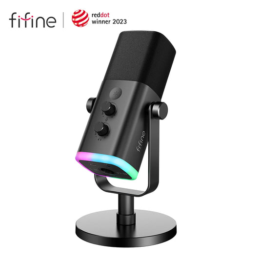 Micrófono Dinámico FIFINE USB/XLR con Botón de Silencio Táctil, Conector para Auriculares, Controles de E/S, para PC PS5/4, Mezclador de Juegos, Micrófono Ampligame AM8