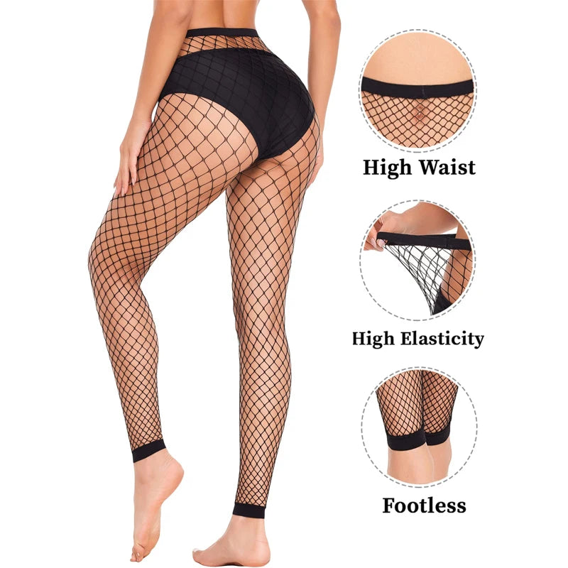 Medias de Red Sin Pie para Mujeres, Leggings Transparentes de Cintura Alta, Pantyhose Negras con Diseño de Red