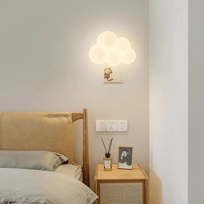 Lámpara de Pared de Animales de Dibujos Animados de Mono, Candelabro de Nube Blanca, Luz Nocturna para Guardería y Dormitorio Infantil
