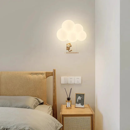 Lámpara de Pared de Animales de Dibujos Animados de Mono, Candelabro de Nube Blanca, Luz Nocturna para Guardería y Dormitorio Infantil
