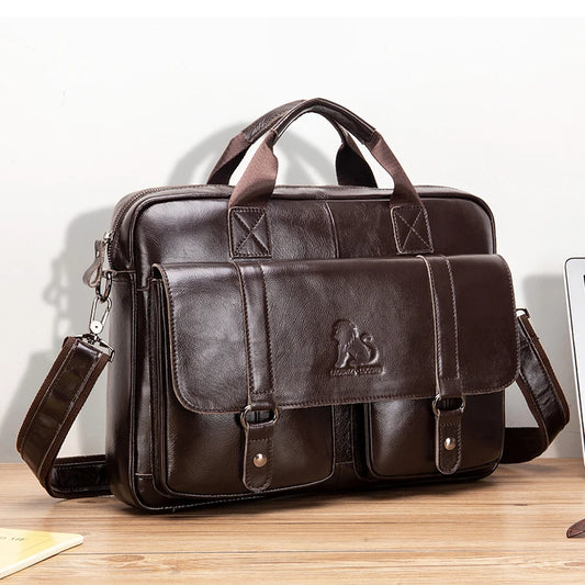 Maletín de Cuero Genuino para Hombre con Doble Bolsillo Frontal – Maletín de Gran Capacidad para Computadora y Bolsa de Mano Cruzada