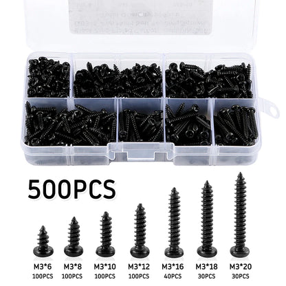 Kit de 500 Tornillos M3 de Acero Carbono - Tornillos Autoperforantes Negras con Cabeza Pan (6/8/10/12/16/18/20mm)
