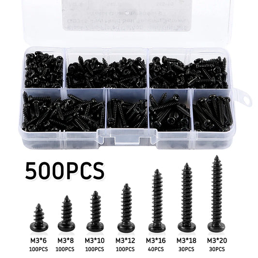 Kit de 500 Tornillos M3 de Acero Carbono - Tornillos Autoperforantes Negras con Cabeza Pan (6/8/10/12/16/18/20mm)
