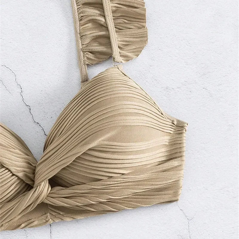 Bikini de Cintura Alta, Conjunto de Traje de Baño Rizado para Mujer